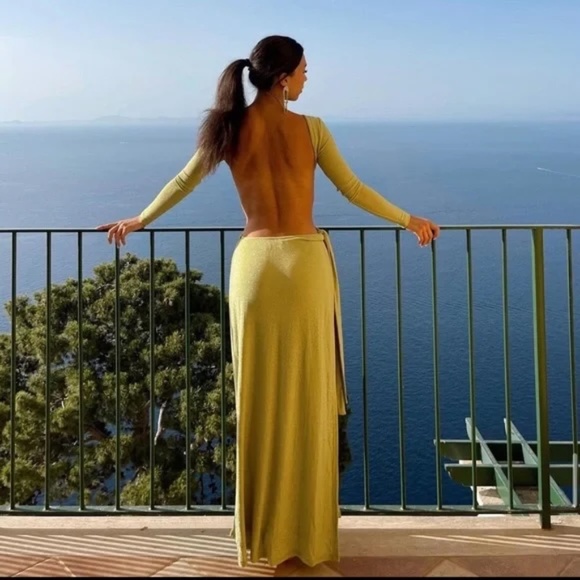 Meshki Christina Backless Wrap Cutout Maxi Dress in Green Shimmer Size Small NWT - Picture 2 of 11